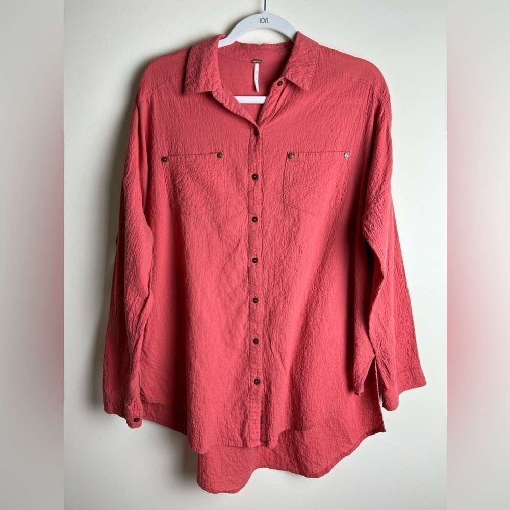 Free People | Oversized Button Shirt Long Sleeve Collar High-Low Hem Coral | XS